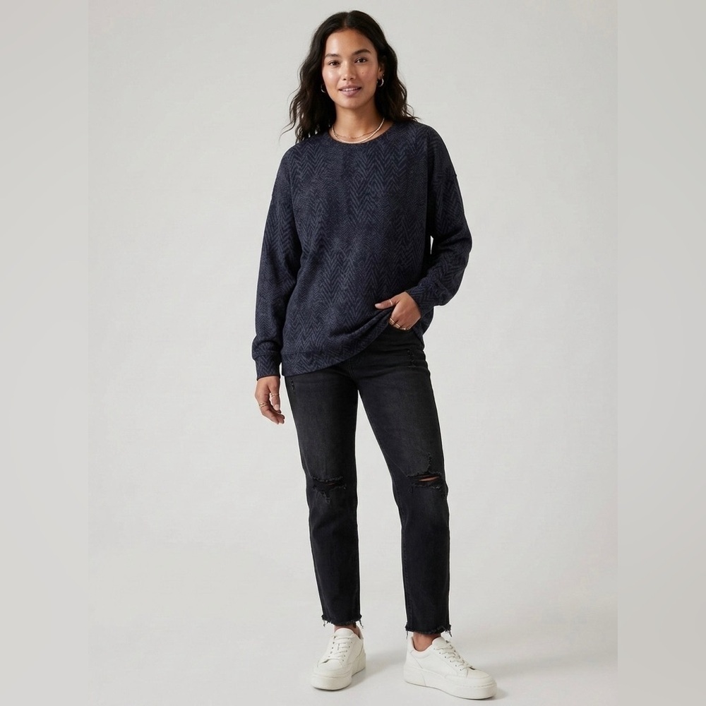 Athleta Black Dark Gray Patterned Tencel and Cotton Blend Top Sweatshirt size L